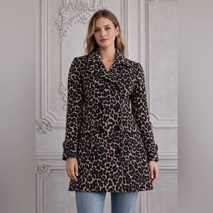 Merona Leopard Print Button Collared Long Women's Coat Size L with Pockets